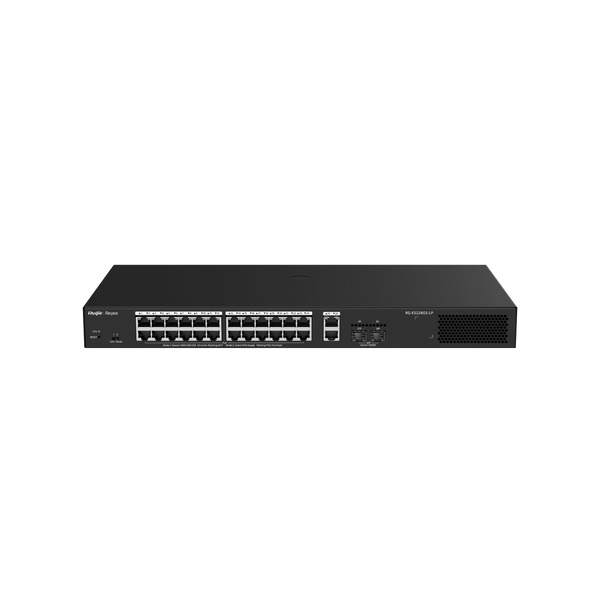 Switch Ruijie Reyee RG-ES228GS-LP 24 puertos PoE+ 250W Cloud CCTV vista frontal – Casher Group Chile