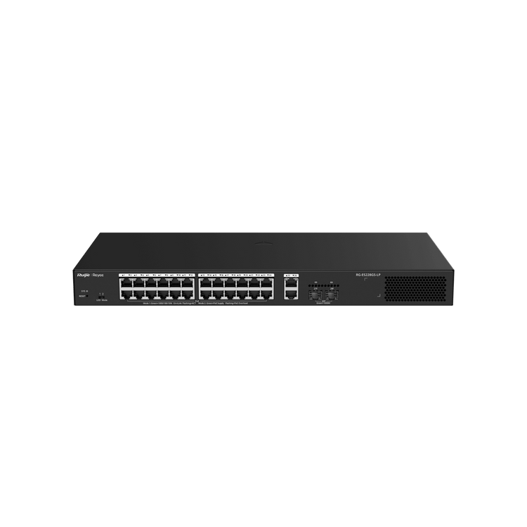 Switch Ruijie Reyee RG-ES228GS-LP 24 puertos PoE+ 250W Cloud CCTV vista frontal – Casher Group Chile