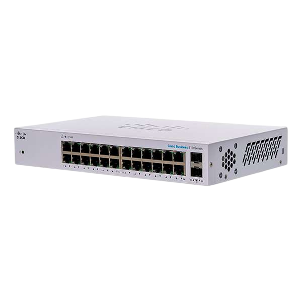 Switch Cisco CBS110-24T-NA de 24 puertos Gigabit y 2 SFP, vista en ángulo – Casher Group Chile