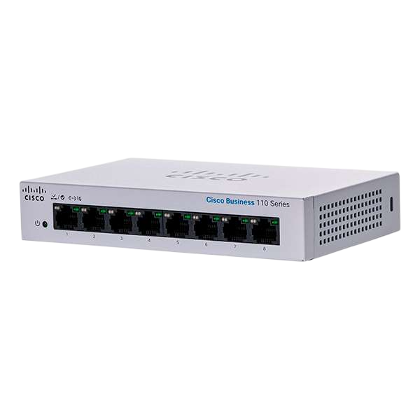 Switch Cisco CBS110-8T-D-NA de 8 puertos Gigabit, vista en ángulo – Casher Group Chile