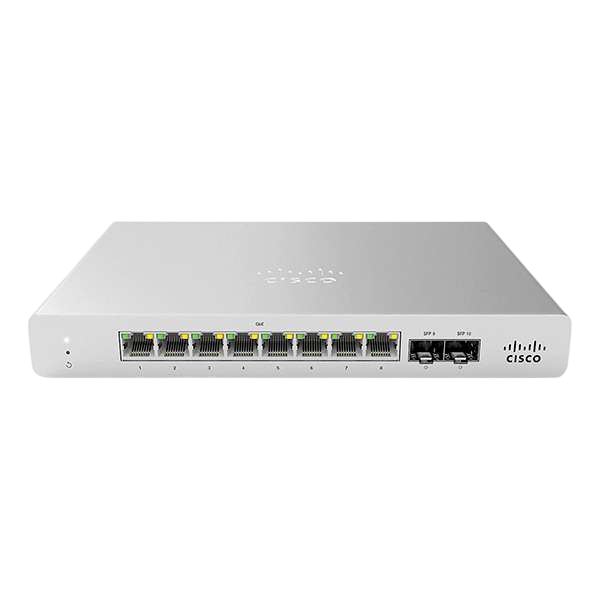 Switch Cisco Meraki MS120-8-HW de 8 puertos Gigabit y 2 SFP, vista frontal – Casher Group Chile