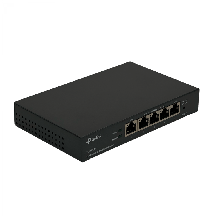 Router TP-Link TL-R470T+ vista en ángulo puertos WAN LAN – Casher Group Chile