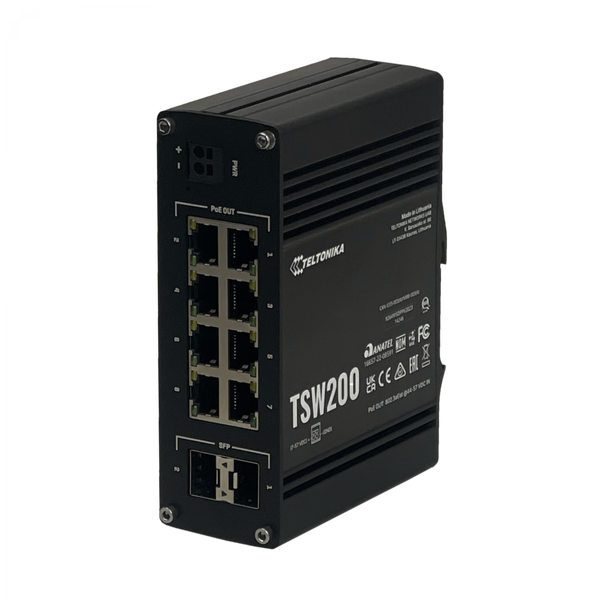 Switch Industrial Teltonika TSW200 8 Puertos Gigabit PoE+ 240W 2 SFP Riel DIN IP30 -40°C – Vista frontal Casher Group Chile