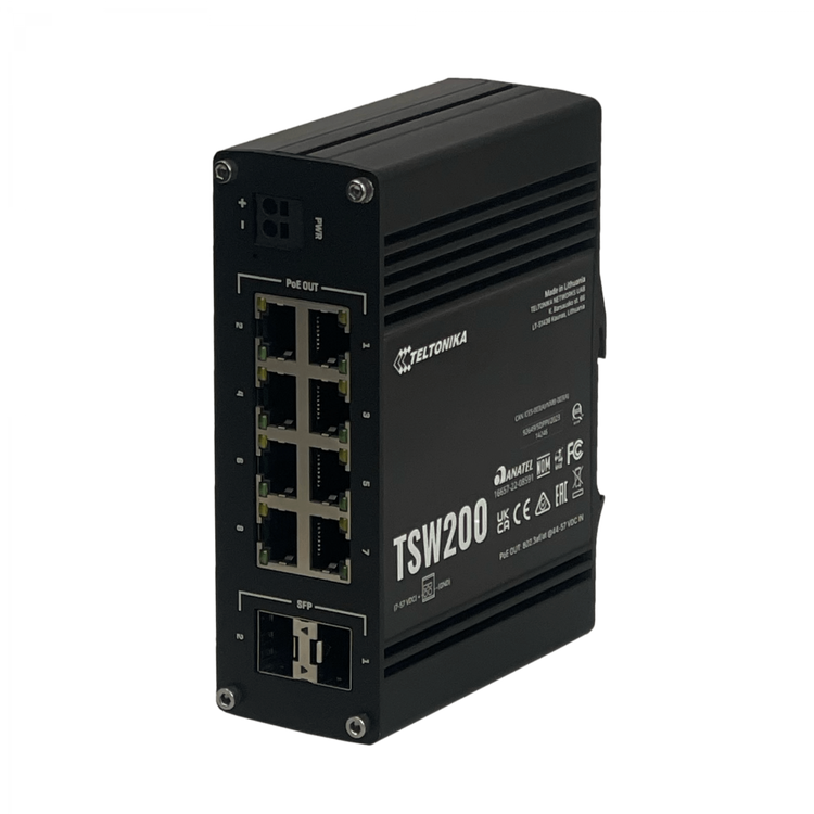 Switch Industrial Teltonika TSW200 8 Puertos Gigabit PoE+ 240W 2 SFP Riel DIN IP30 -40°C – Vista frontal Casher Group Chile
