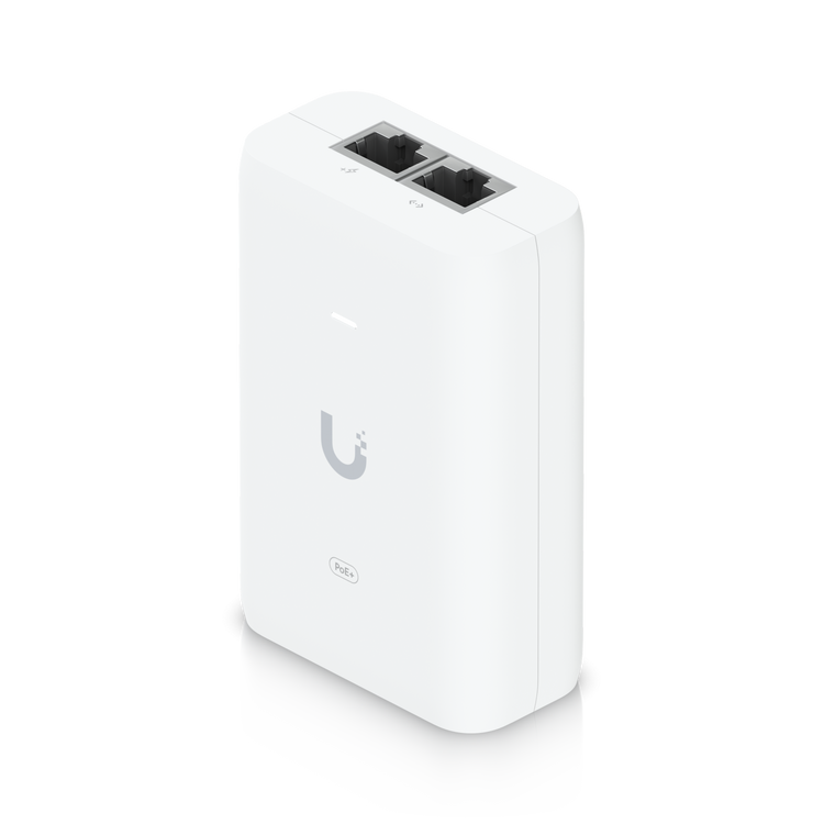 Inyector PoE+ Ubiquiti U-POE+ 48V 30W Gigabit vista frontal – Casher Group Chile