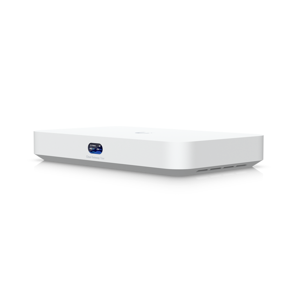 UniFi Cloud Gateway Fiber UCG-Fiber Gateway 5Gbps IDS/IPS 4x2.5G 10G SFP+ NVMe Compacto – Vista frontal Casher Group Chile