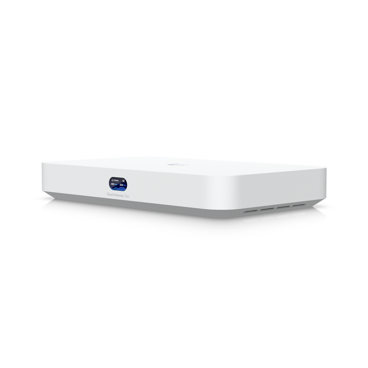 UniFi Cloud Gateway Fiber UCG-Fiber Gateway 5Gbps IDS/IPS 4x2.5G 10G SFP+ NVMe Compacto – Vista frontal Casher Group Chile