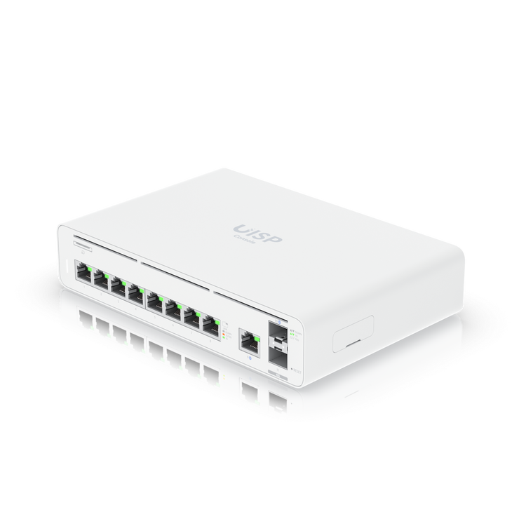 Gateway Ubiquiti UISP Console vista en ángulo puertos LAN y SFP+ – Casher Group Chile