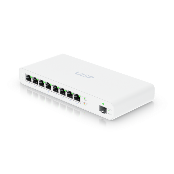 Router Ubiquiti UISP-R vista frontal 8 puertos GbE PoE 27V pasivo – Casher Group Chile