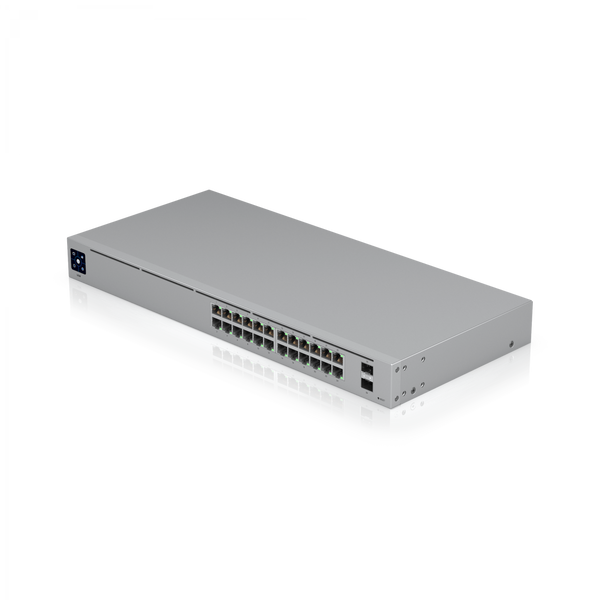 Switch UniFi Standard 24 USW-24 24 Puertos Gigabit 2 SFP LCD 1.3" Administrado Rack 1U – Vista frontal Casher Group Chile