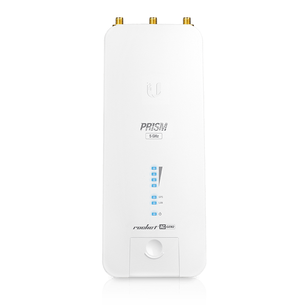 Radio Ubiquiti airMAX Rocket Prism 5AC Gen2 vista frontal con LEDs – Casher Group Chile