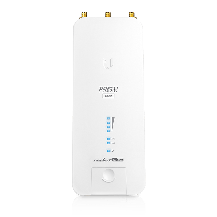 Radio Ubiquiti airMAX Rocket Prism 5AC Gen2 vista frontal con LEDs – Casher Group Chile