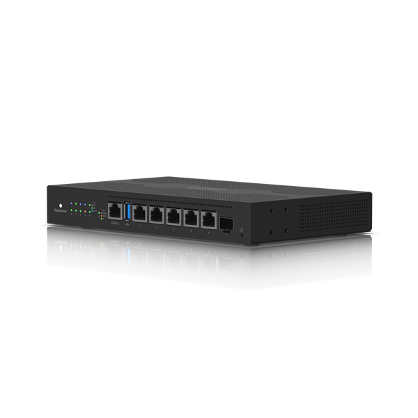 Router Ubiquiti EdgeRouter 6 PoE ER-6P vista frontal 5 puertos GbE PoE 24V + SFP – Casher Group Chile