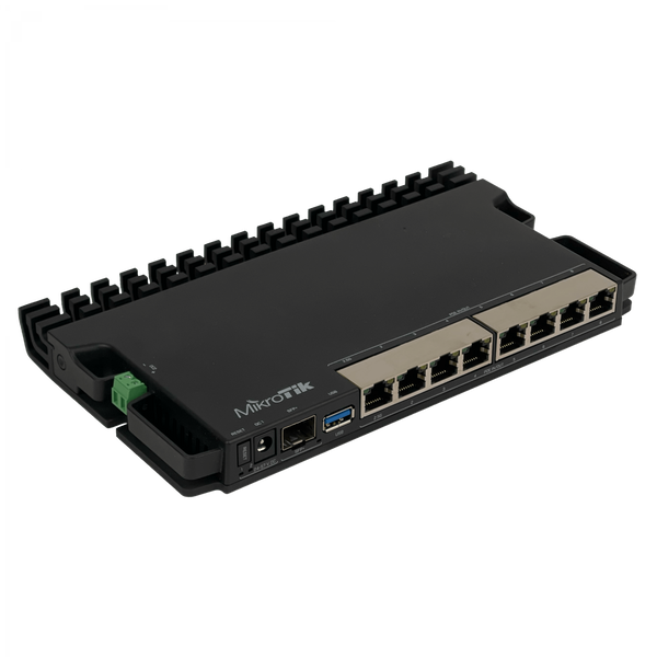 MikroTik RB5009UPr+S+IN vista lateral carcasa metálica enfriamiento pasivo – Casher Group Chile