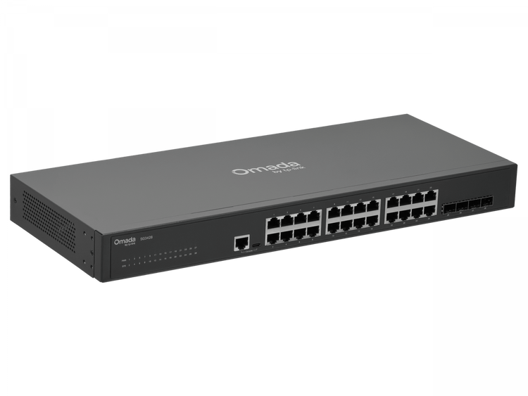 Switch JetStream L2+ TP-Link TL-SG3428 24 GbE 4 SFP 56Gbps ERPS Omada SDN ZTP Fanless Rack 1U – Vista frontal Casher Group Chile