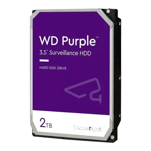 Disco Duro WD Purple 2TB 3,5" SATA 6Gb/s CMR 256MB AllFrame 175MB/s 64 Cámaras NVR/DVR WD22PURZ – Vista frontal Casher Group Chile