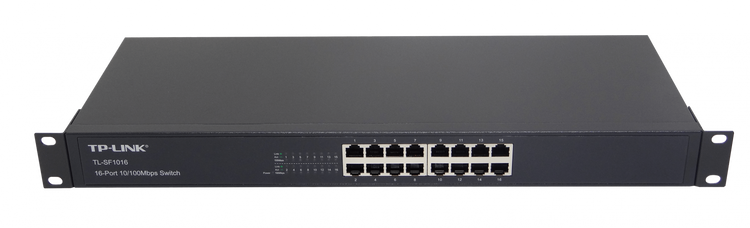 Switch TP-Link TL-SF1016 16 Puertos 10/100Mbps Rack 1U Fanless Plug&Play Green 2,23W FCC CE RoHS – Vista frontal Casher Group Chile