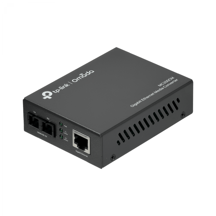 Convertidor de Medios TP-Link MC200CM Gigabit 1000Mbps SC/UPC Multimodo 850nm 550m RJ45 Plug&Play – Vista frontal Casher Group Chile