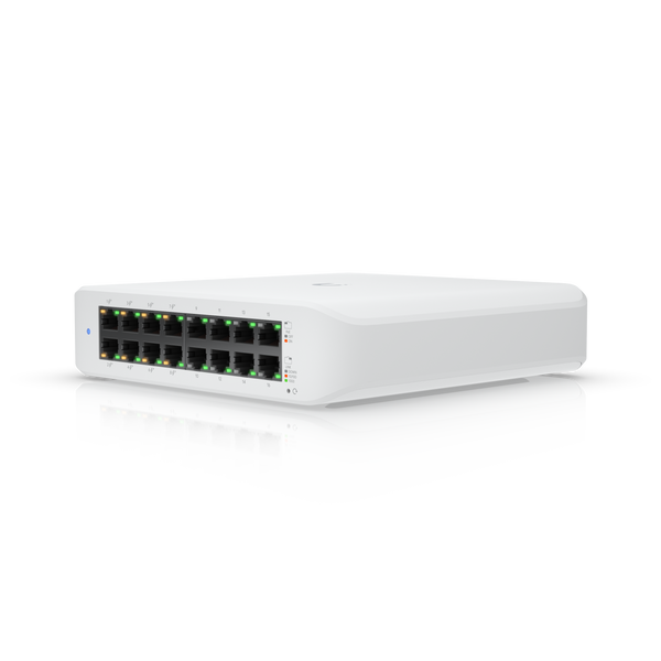 Switch Ubiquiti UniFi USW-Lite-16-PoE vista frontal rack – Casher Group Chile