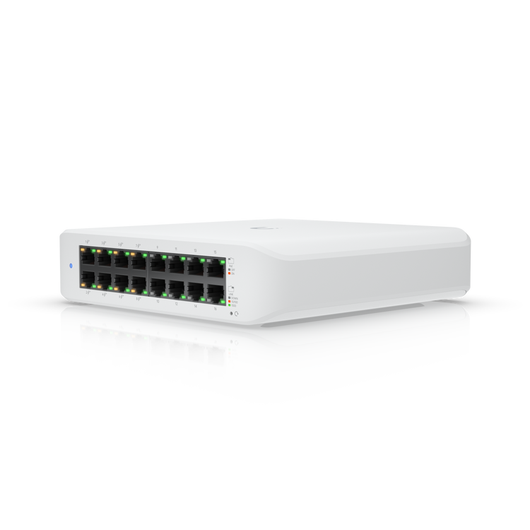 Switch Ubiquiti UniFi USW-Lite-16-PoE vista frontal rack – Casher Group Chile